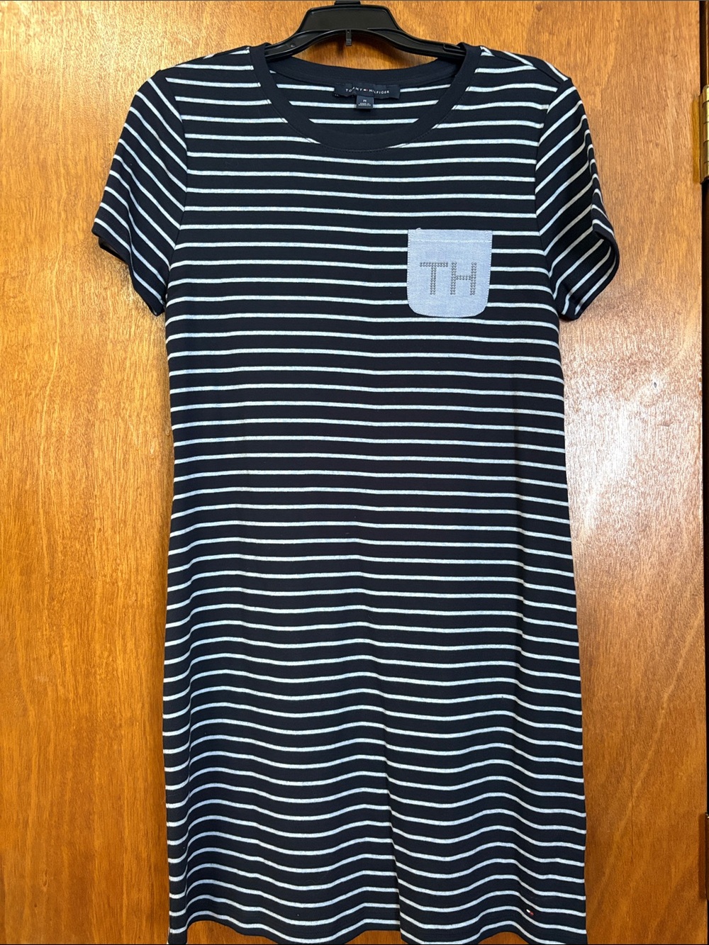 Tommy Hilfiger Black & White Striped Short Sleeve Pocket Midi Dress M